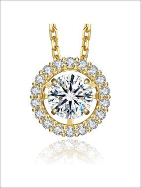 Dancing Moissanite Pendant Necklace 14K Gold Plated Halo Lab Created Diamond